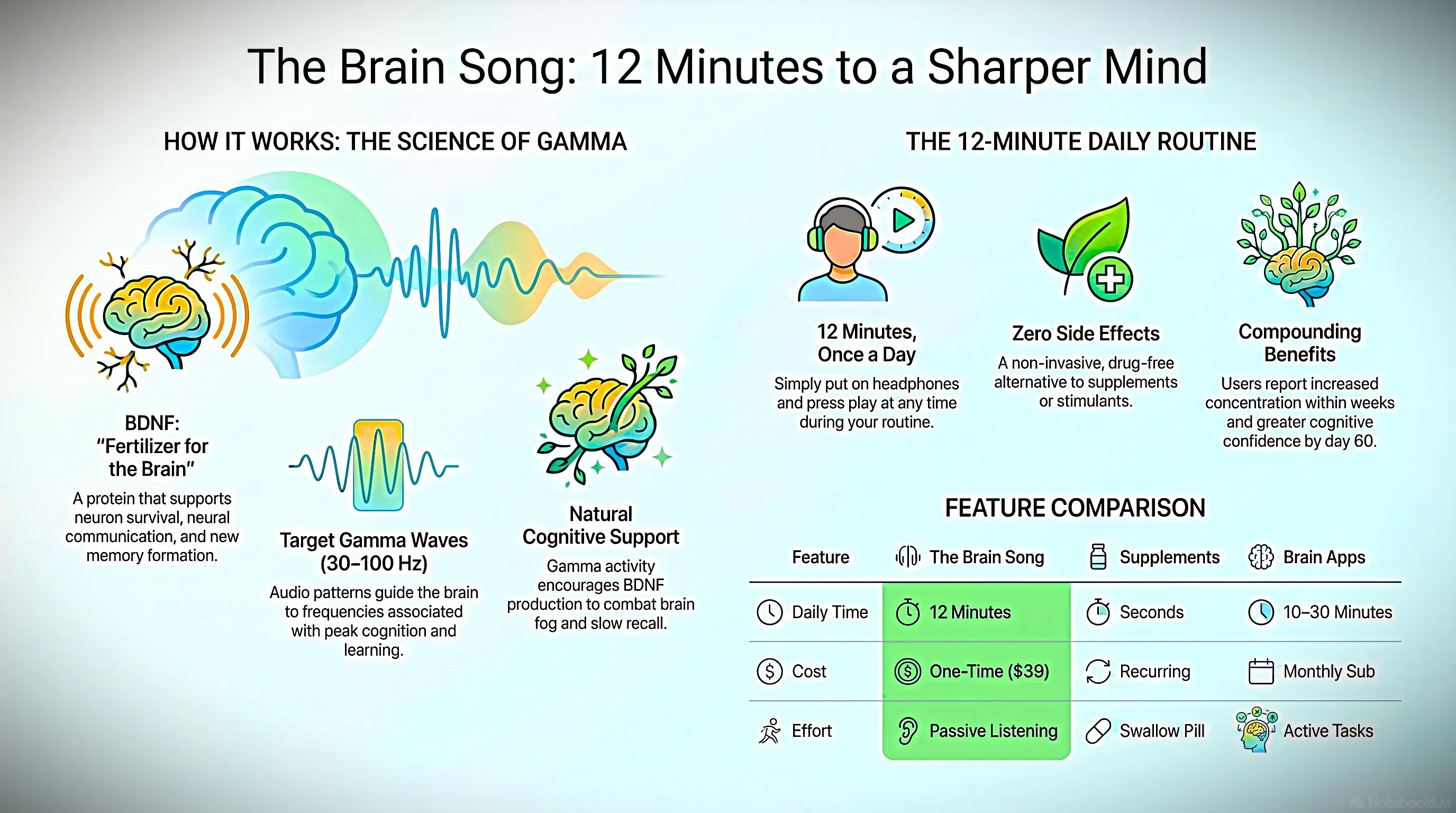 Brain Health Routine Infographic — how The Brain Song supports BDNF, Gamma brainwaves, and daily cognitive performance